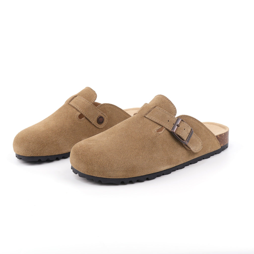 Deep Khaki buckle suede clogs - front pair view