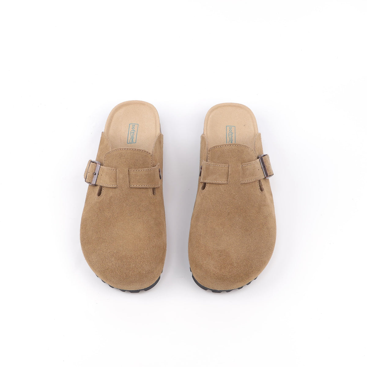 Deep Khaki buckle suede clogs - top view