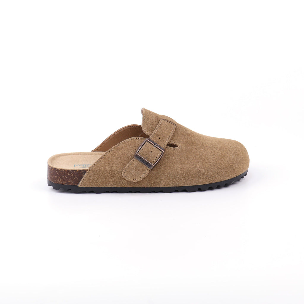 Deep Khaki buckle suede clogs - side view