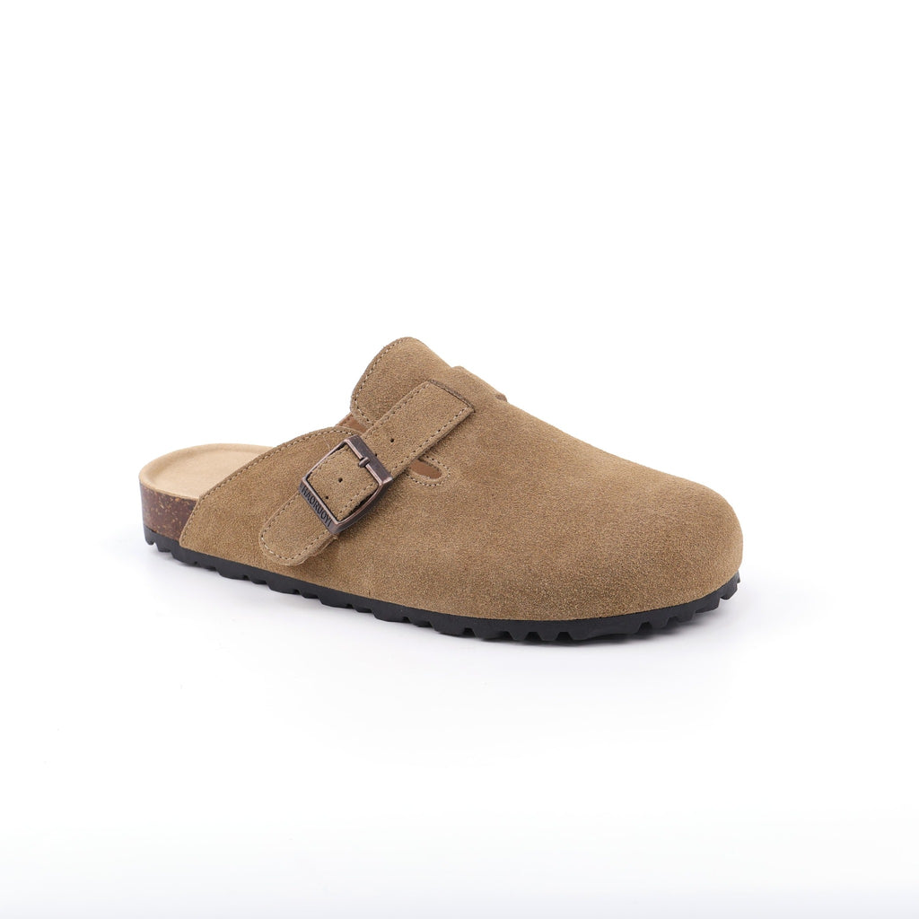 Deep Khaki buckle suede clogs - angled view