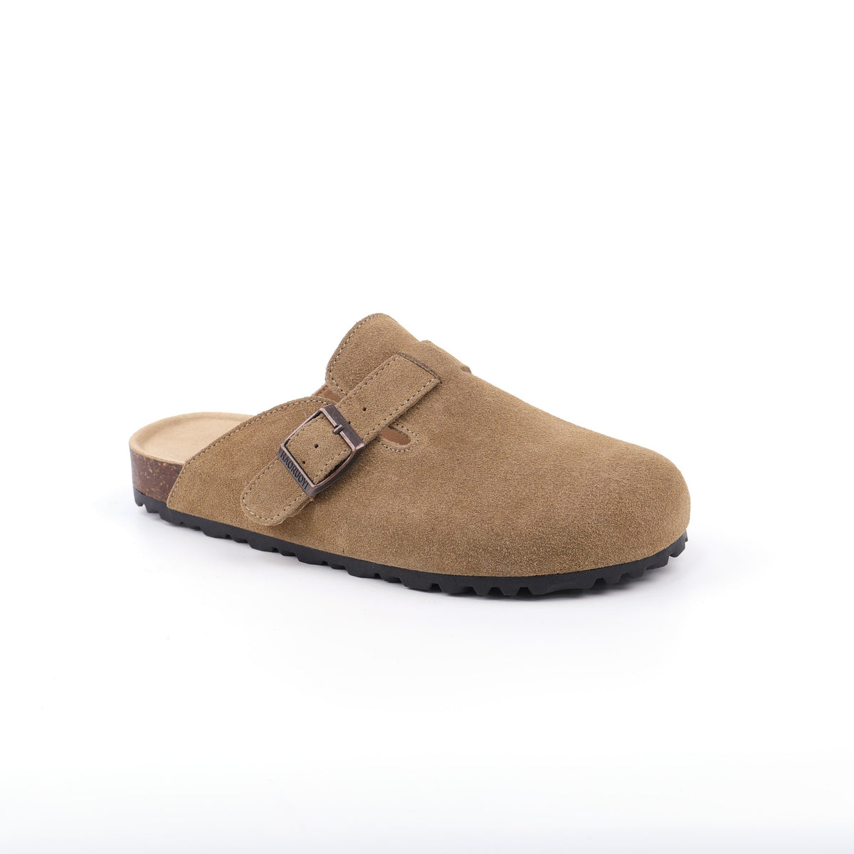 Deep Khaki buckle suede clogs - angled view