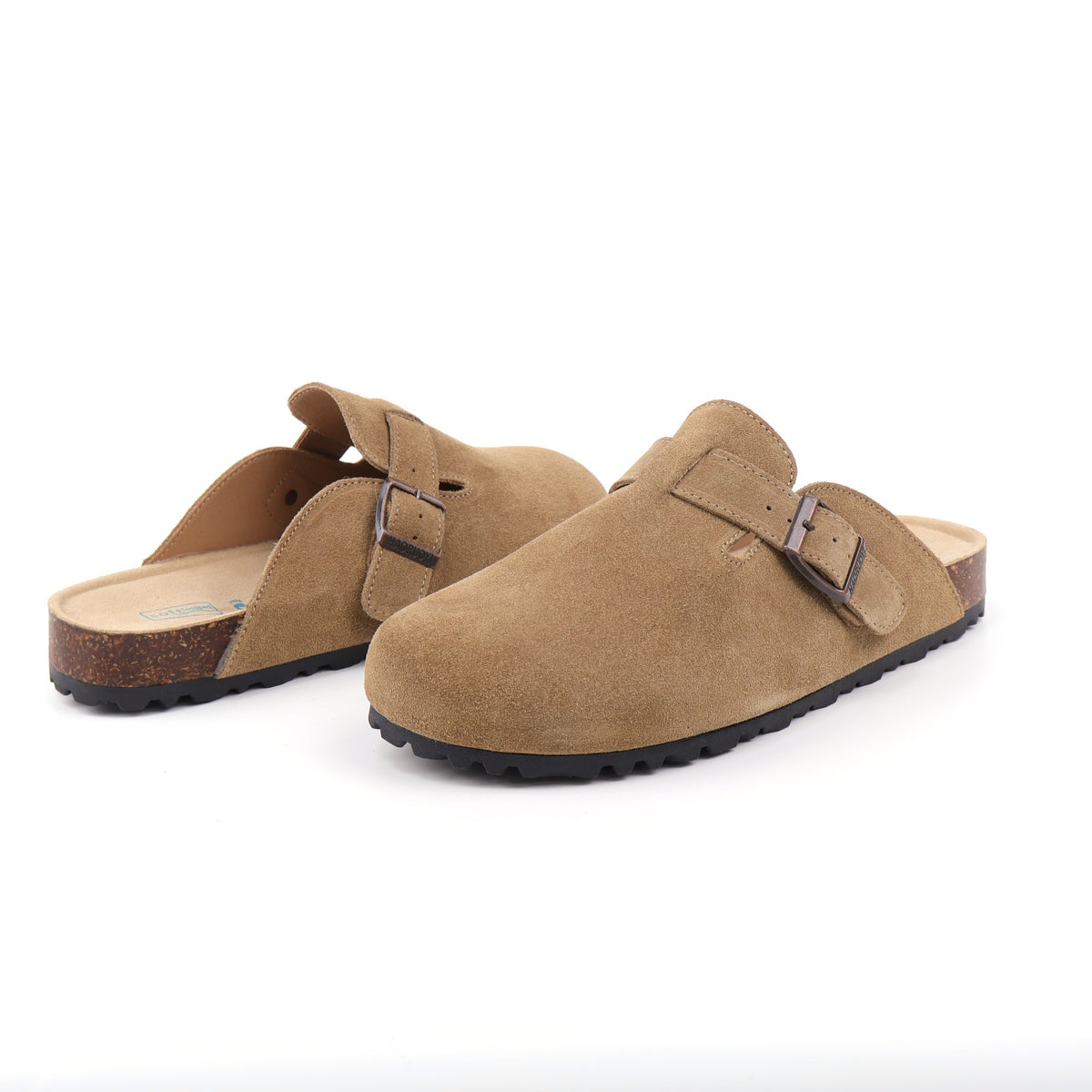 Deep Khaki buckle suede clogs - rear pair view