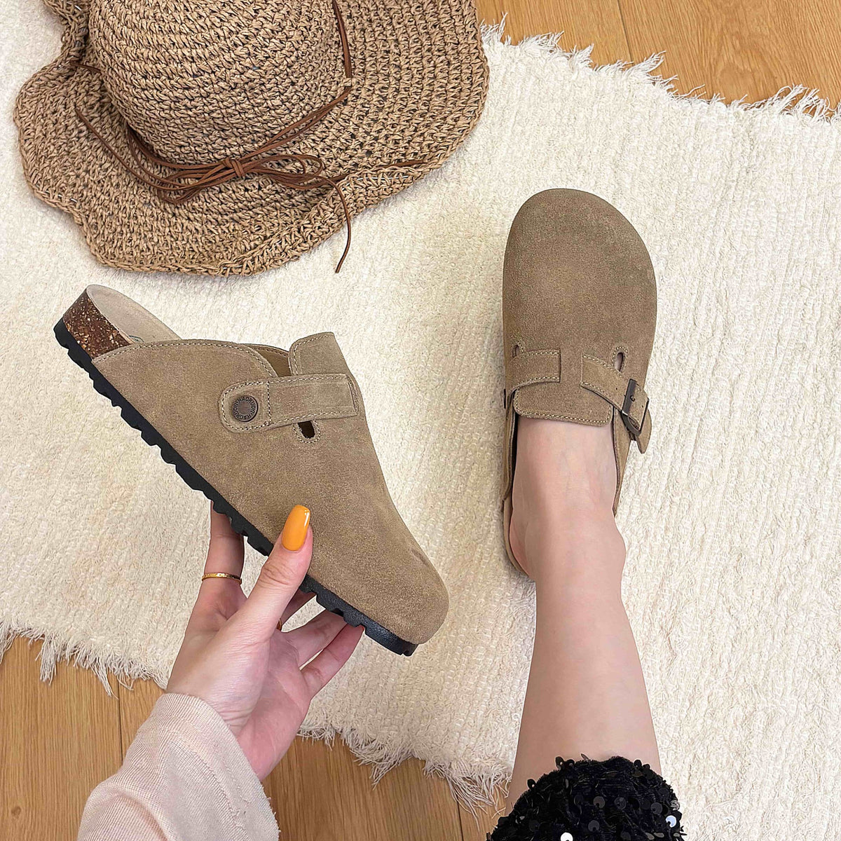 Deep Khaki buckle suede clogs - on foot
