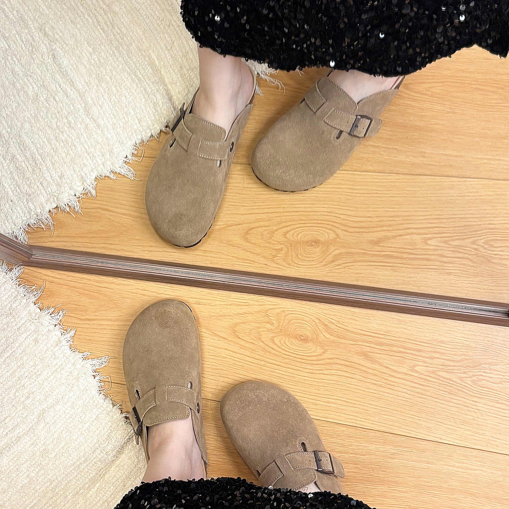Deep Khaki buckle suede clogs - lifestyle on foot