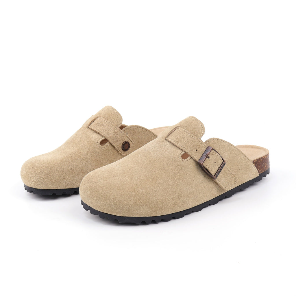 Light Khaki buckle suede clogs - front pair view
