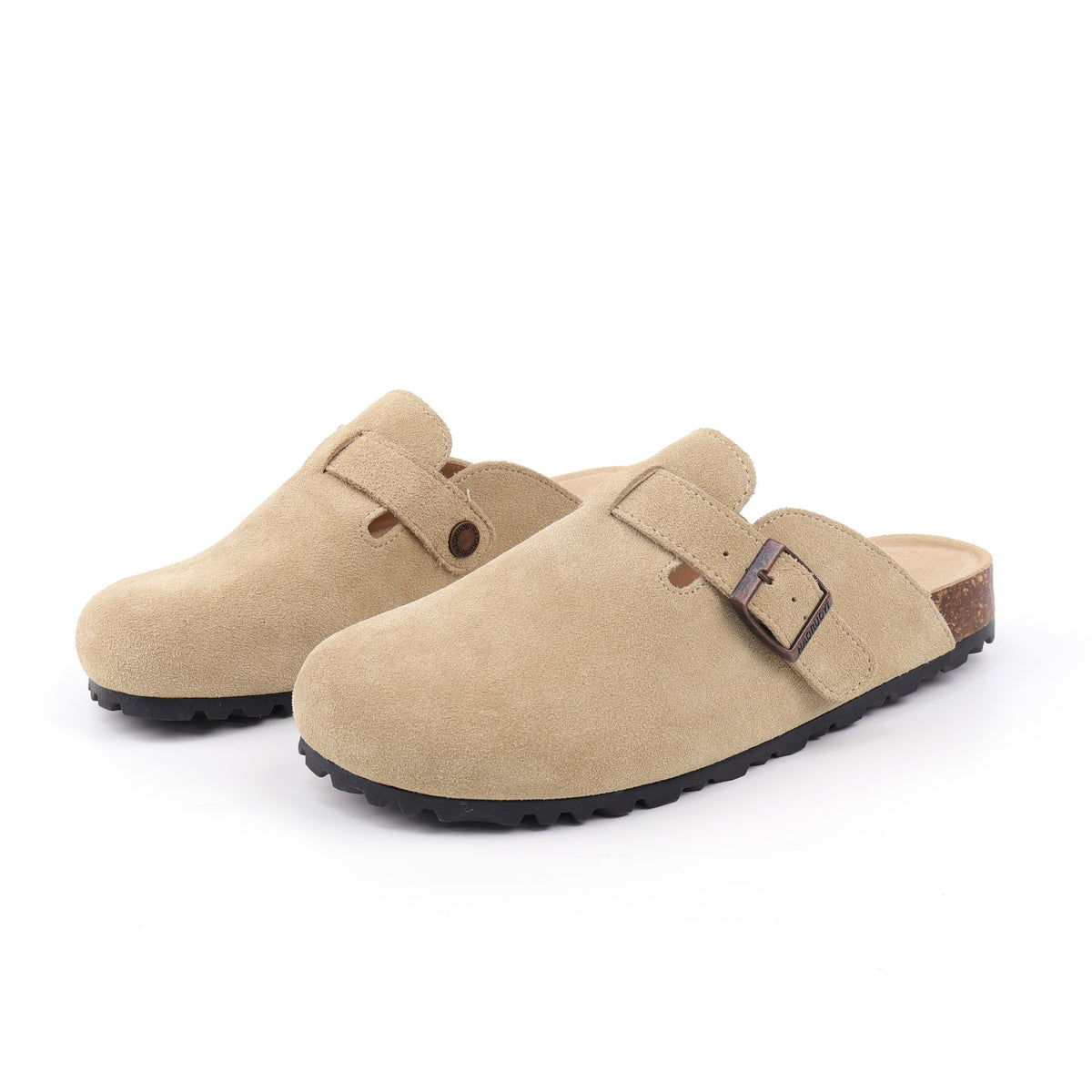 Light Khaki buckle suede clogs - front pair view