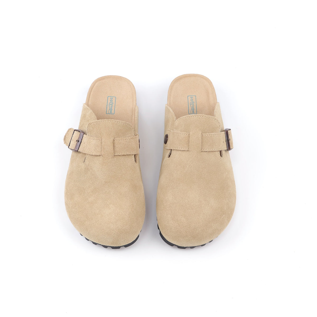 Light Khaki buckle suede clogs - top view