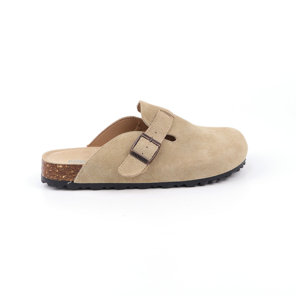 Light Khaki buckle suede clogs - side view