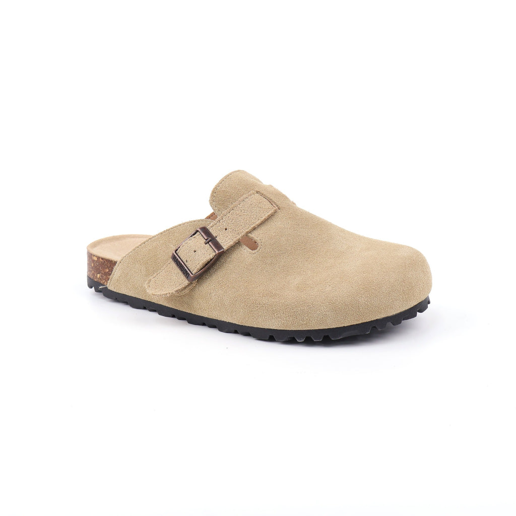 Light Khaki buckle suede clogs - angled view