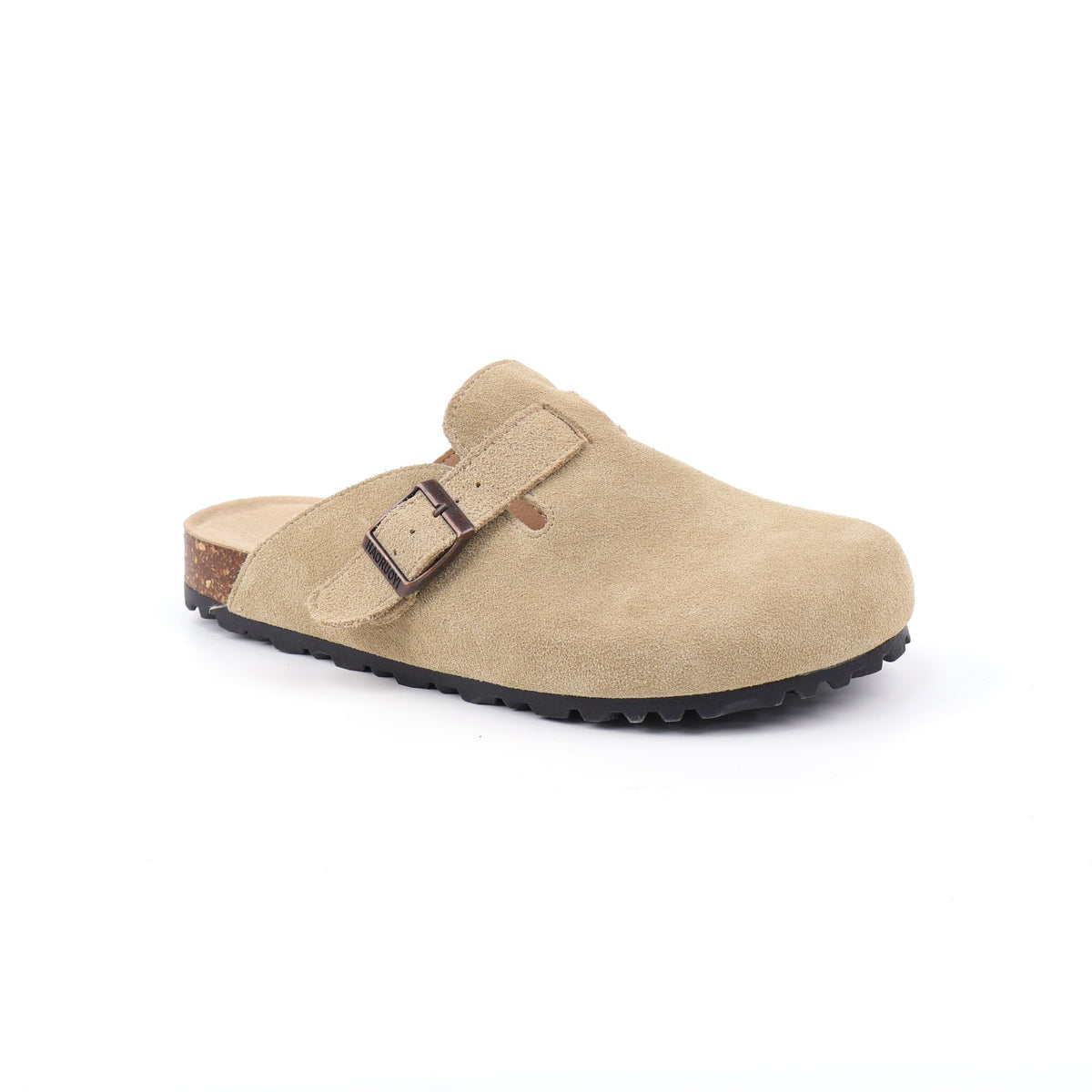 Light Khaki buckle suede clogs - angled view