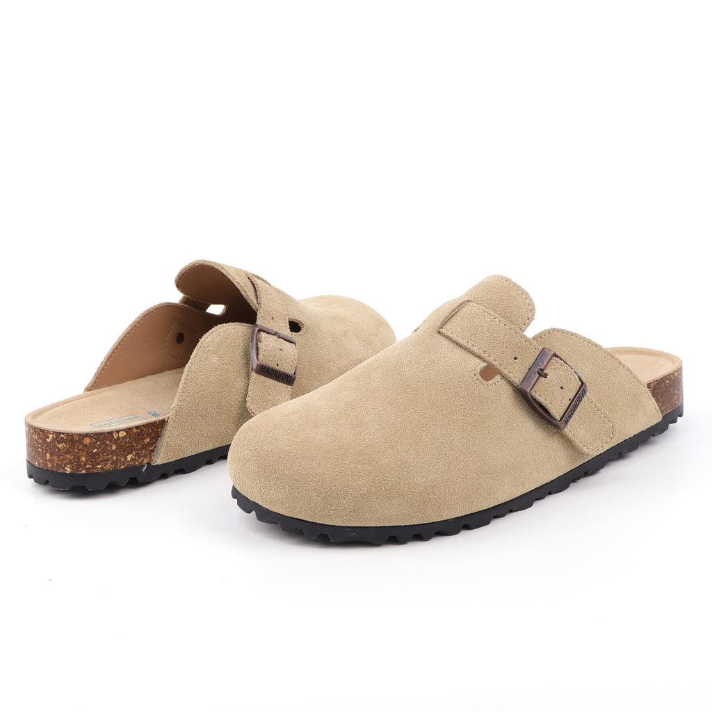 Light Khaki buckle suede clogs - rear pair view