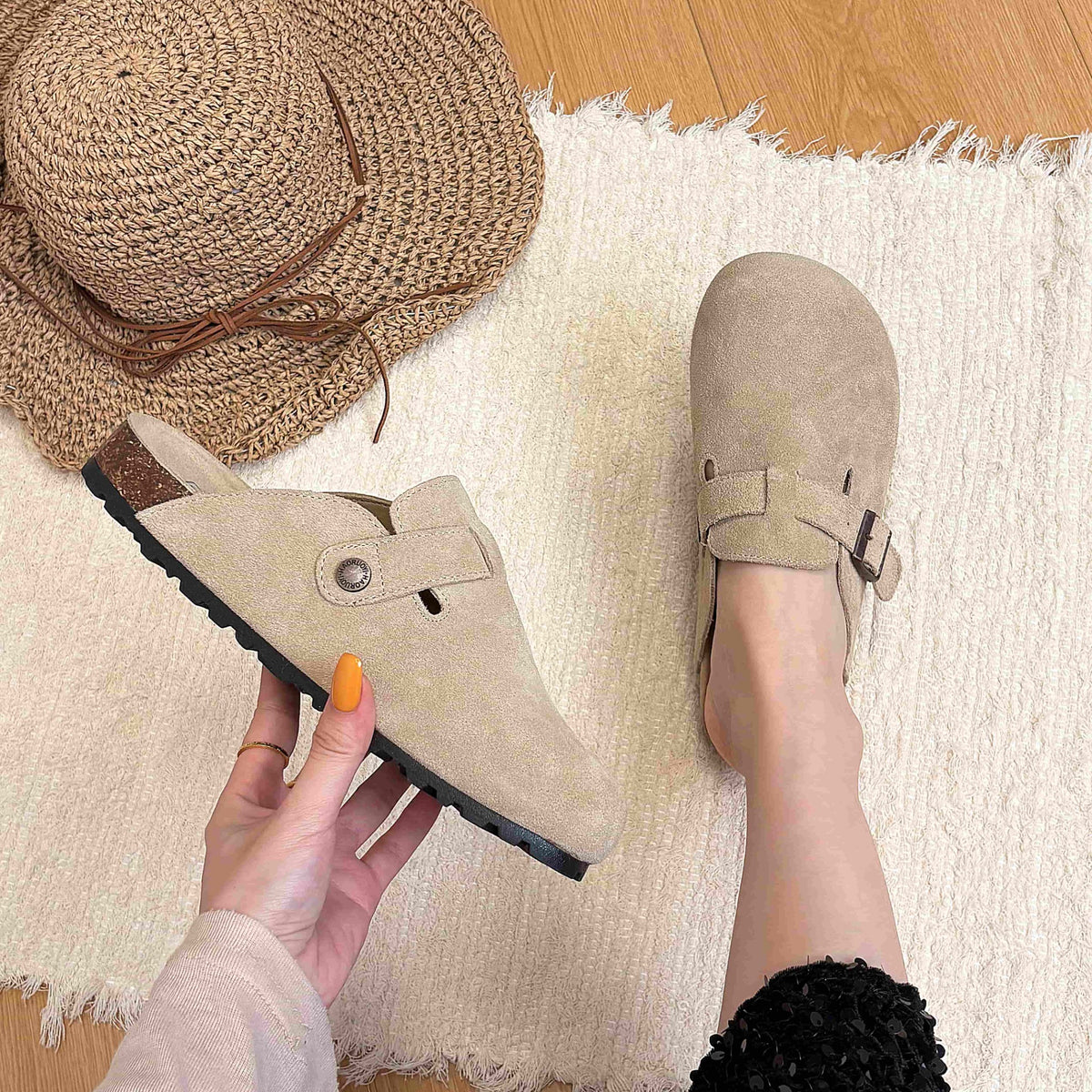 Light Khaki buckle suede clogs - on foot