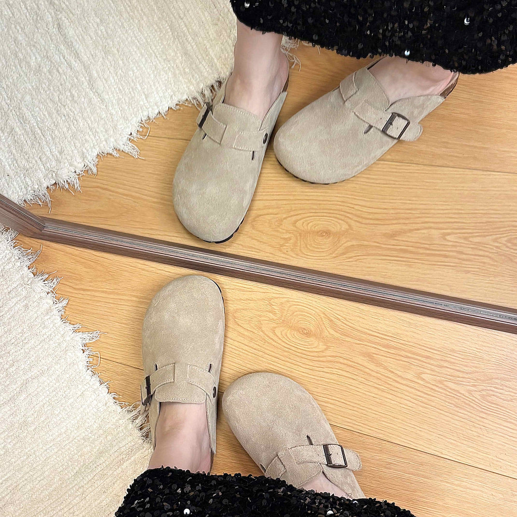Light Khaki buckle suede clogs - lifestyle on foot