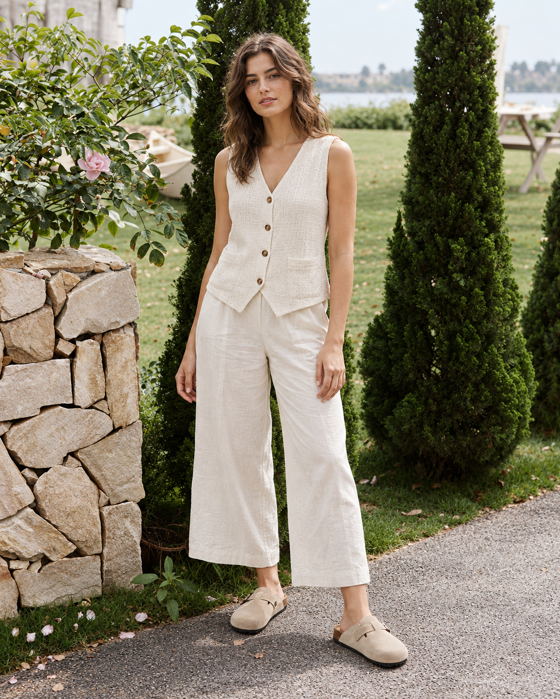 Sand buckle suede clogs garden lifestyle