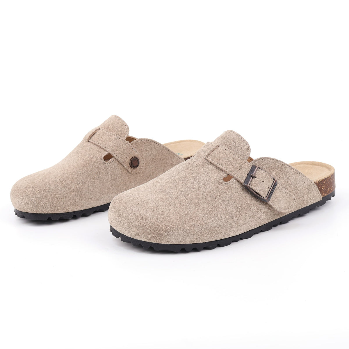 Sand buckle suede clogs - front pair view