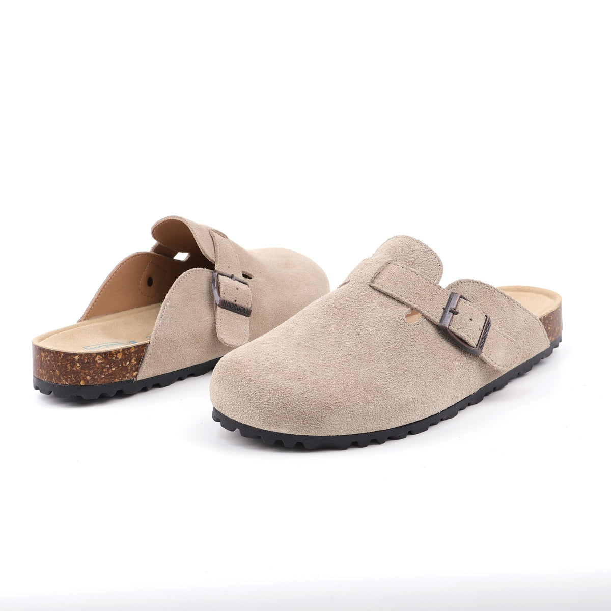 Sand buckle suede clogs - angled view
