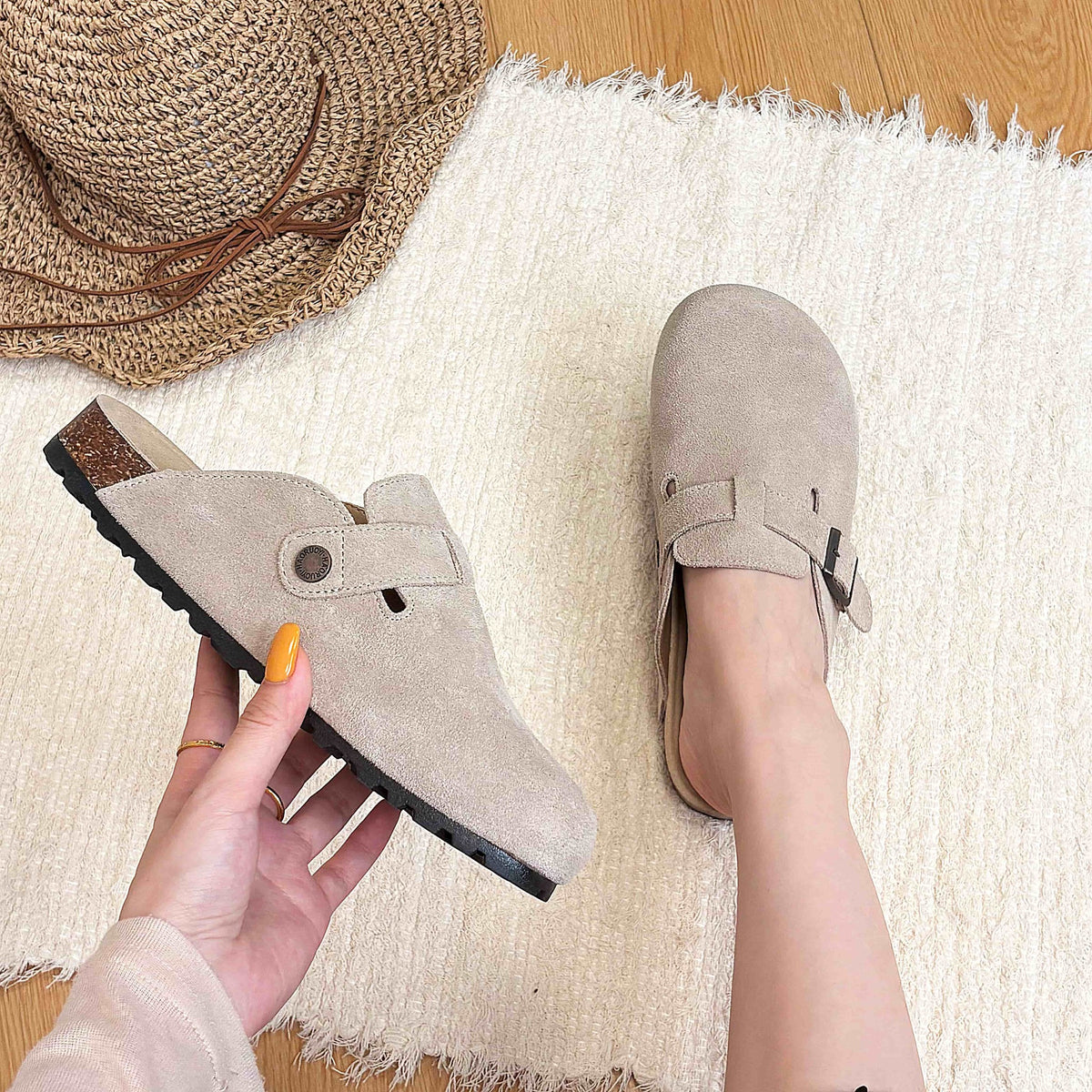 Sand buckle suede clogs - on foot