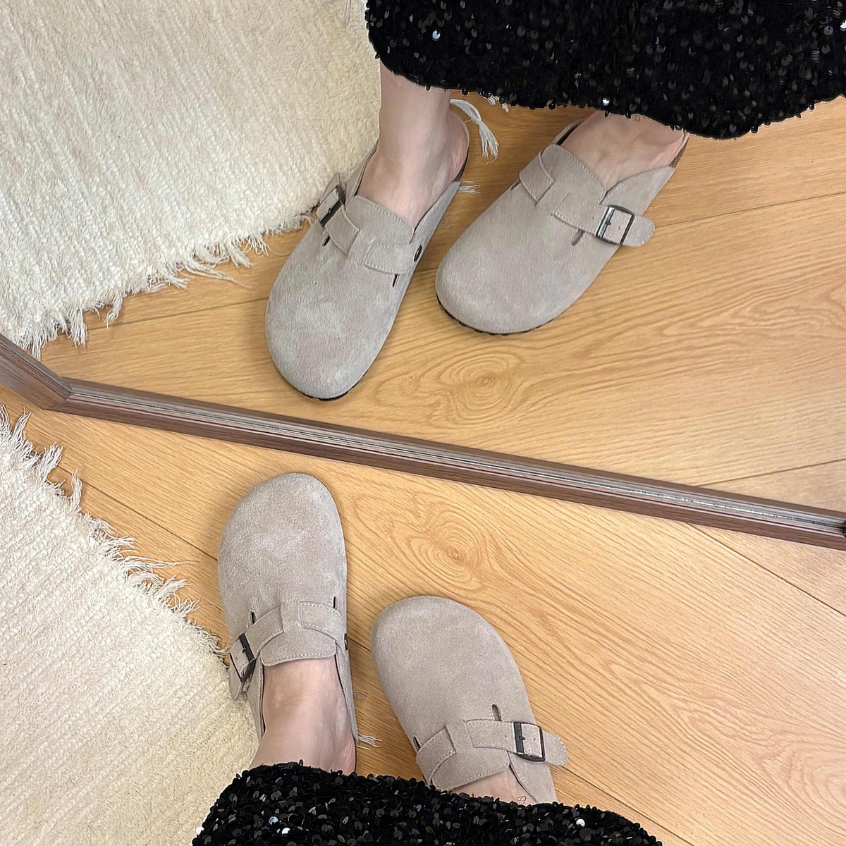 Sand buckle suede clogs - lifestyle on foot