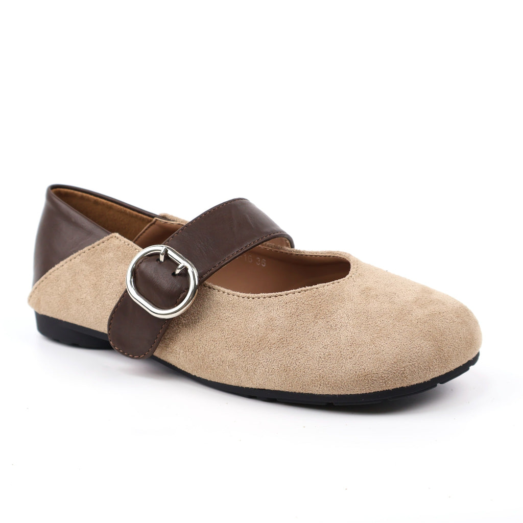 Almond Mary Jane flats front three-quarter view