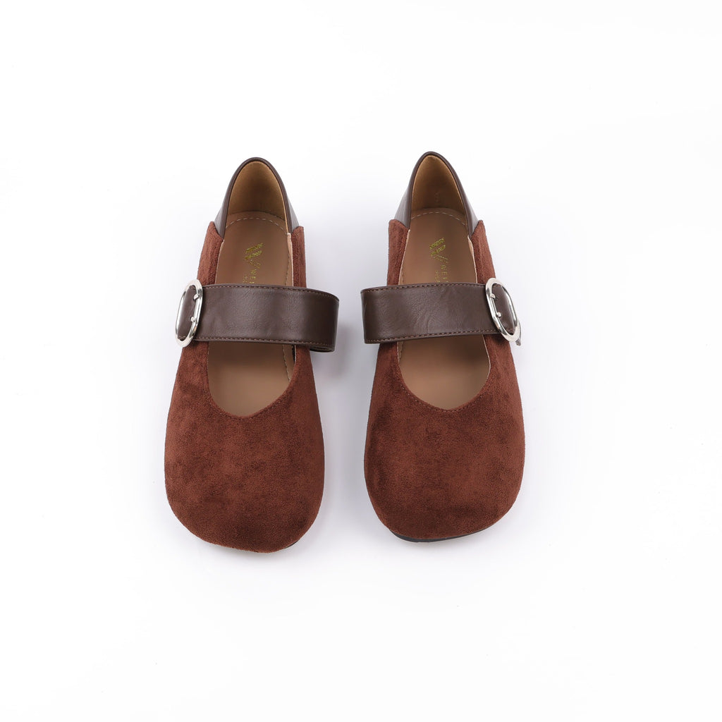 Coffee Mary Jane flats front three-quarter view