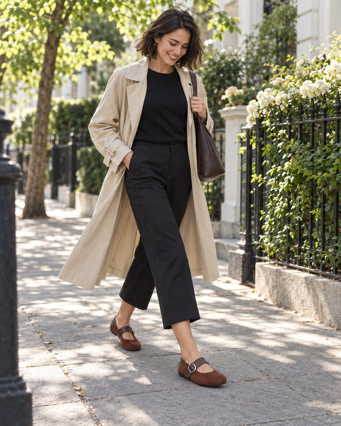 Woman wearing coffee Mary Jane flats on a city walk
