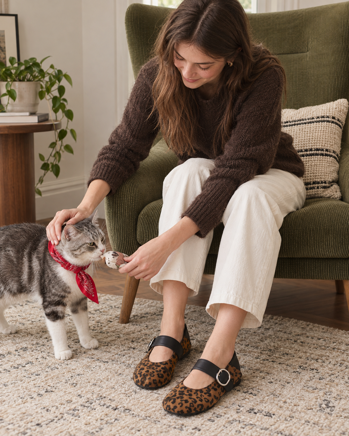 Woman wearing leopard black Mary Jane flats at home