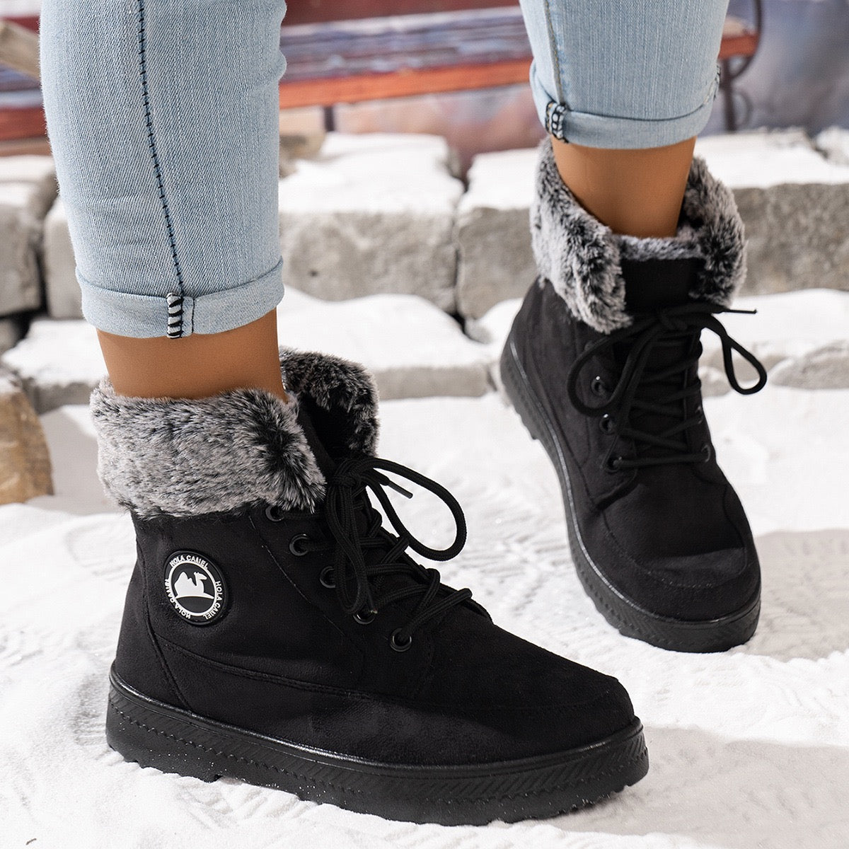 Aspen black snow ankle boots, on-foot winter view