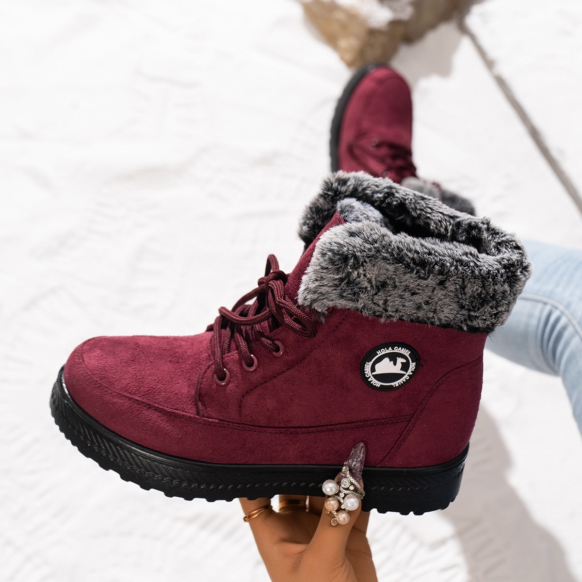 Aspen burgundy snow ankle boot, winter close-up view