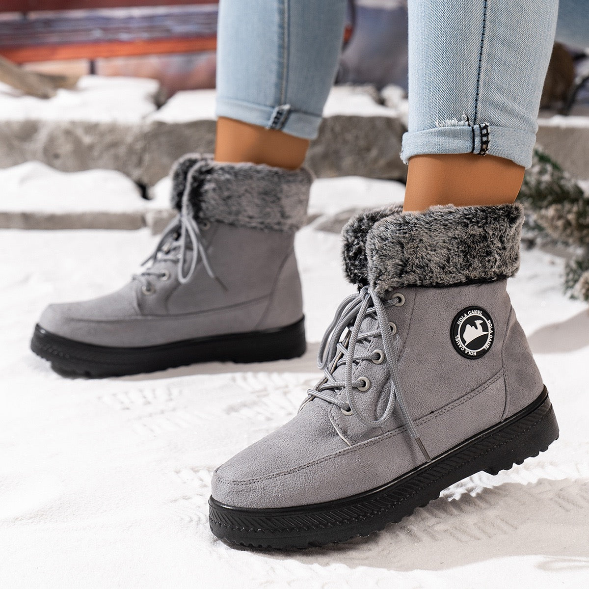 Aspen gray snow ankle boots, on-foot winter view