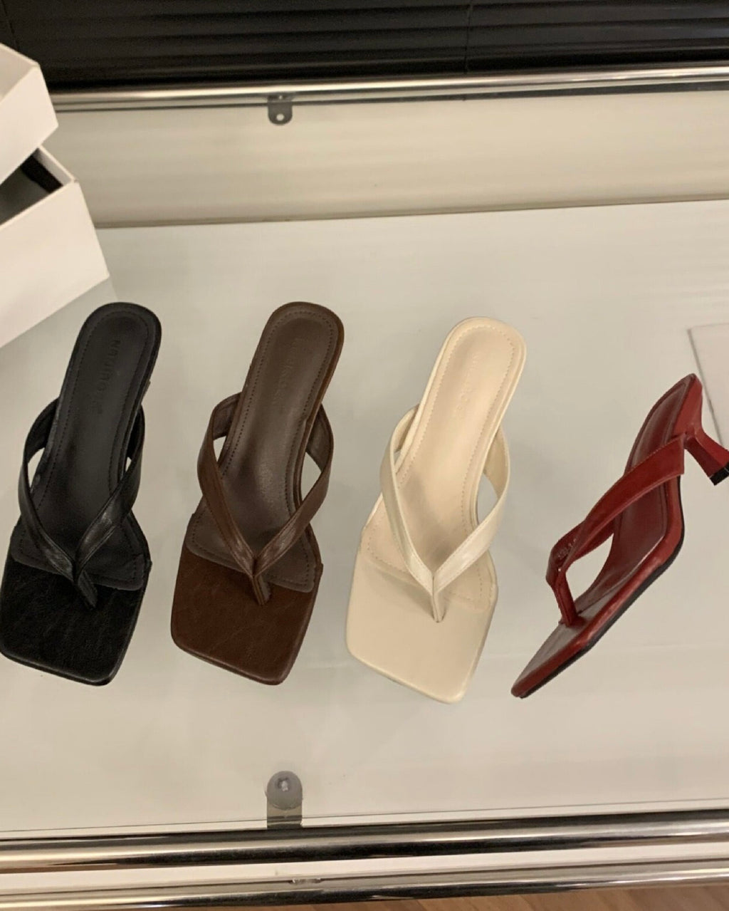 Camille sandals in black, brown, apricot and red