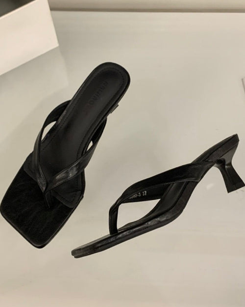 Black Camille kitten heel sandals, front and side views