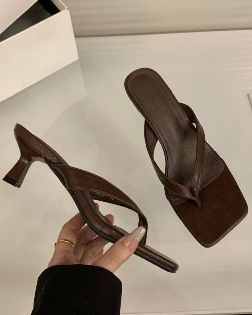Brown Camille kitten heel sandals, front and side views