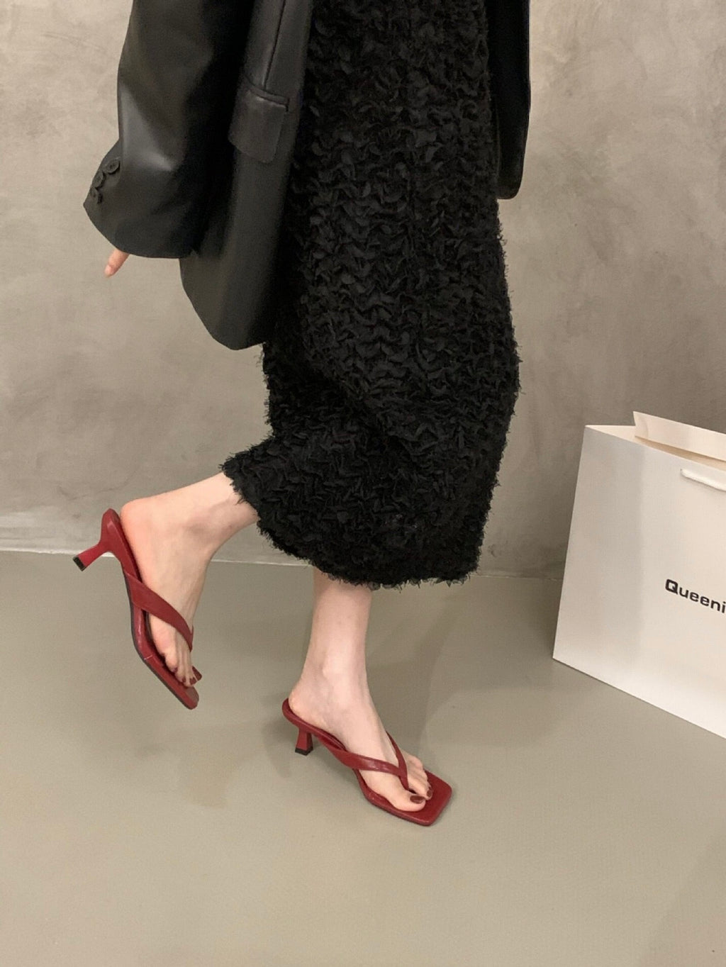 Red Camille kitten heel sandals, on-foot side view
