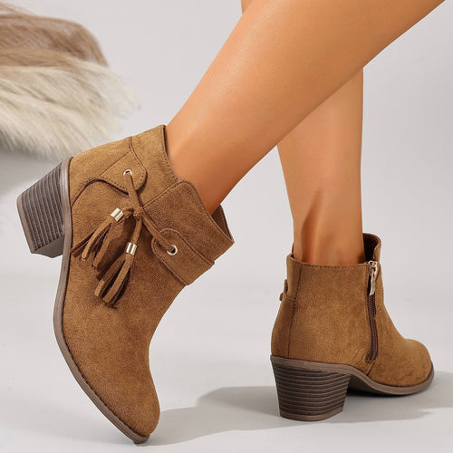 Dahlia Tassel Western Ankle Boots in Camel, side view