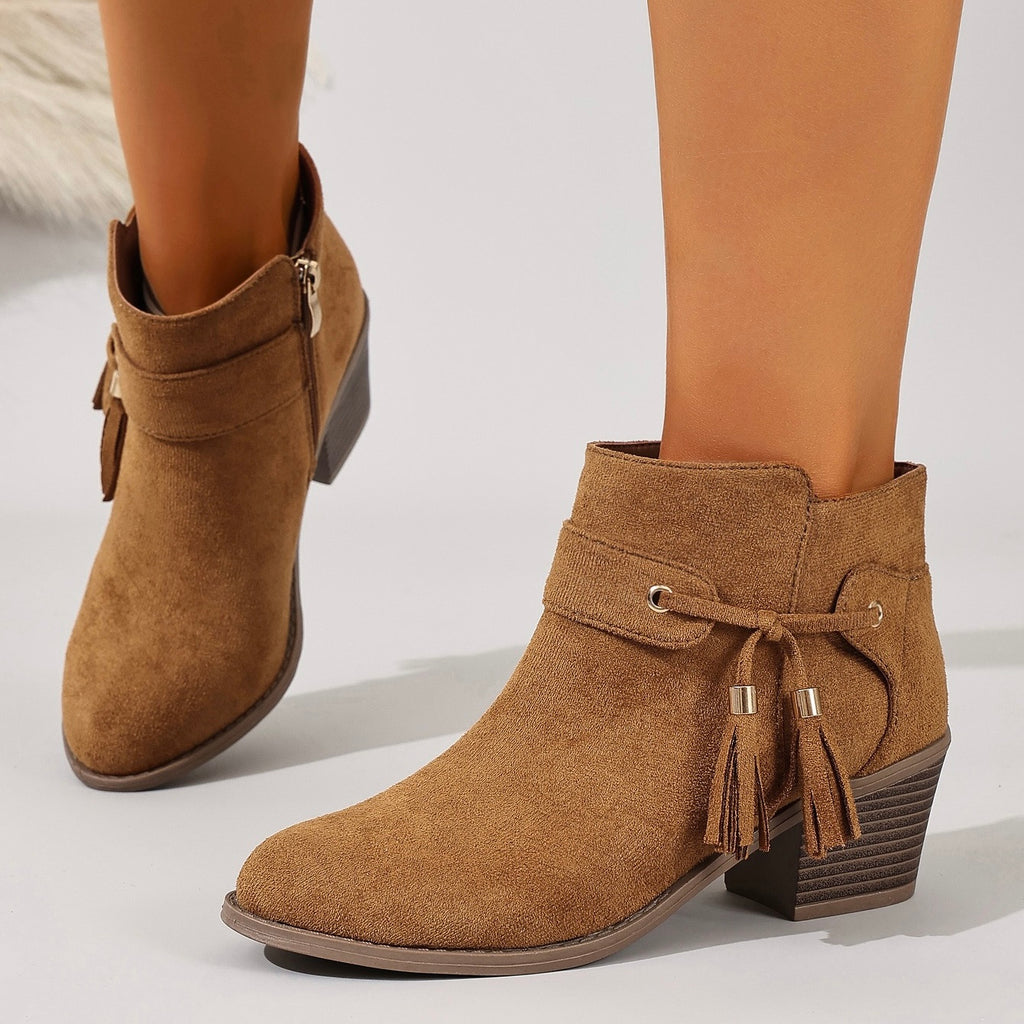 Dahlia Tassel Western Ankle Boots in Camel, front view
