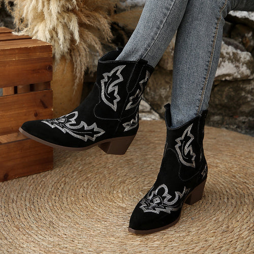 Dakota pointed-toe embroidered Western ankle boots in black