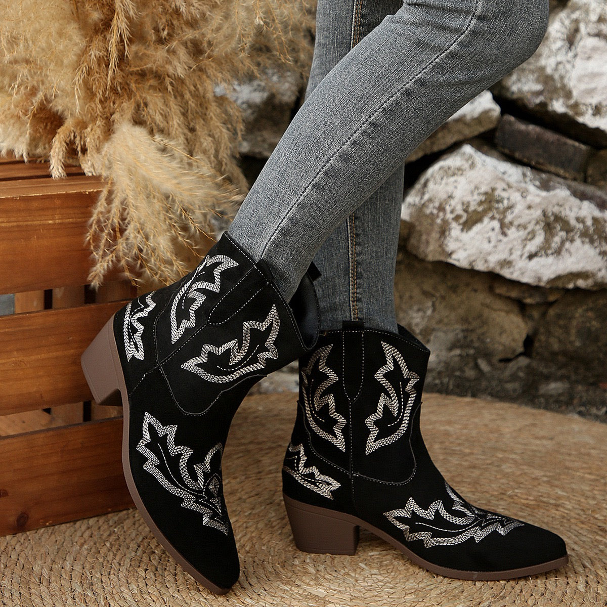Dakota black Western ankle boots, side lifestyle view