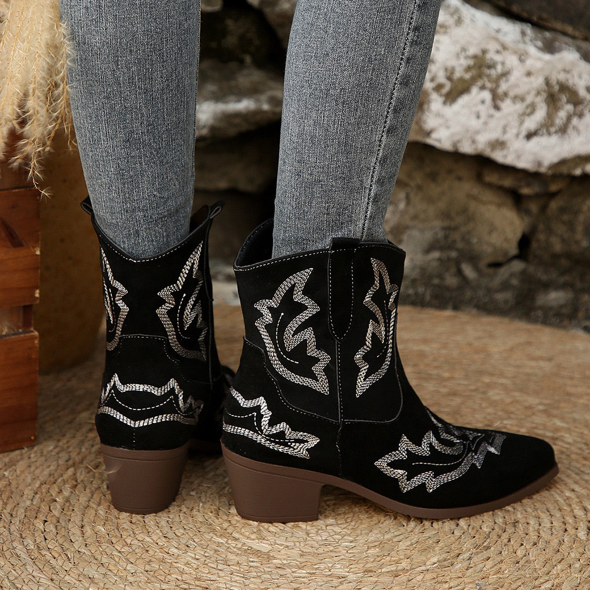 Dakota black Western ankle boots, rear view