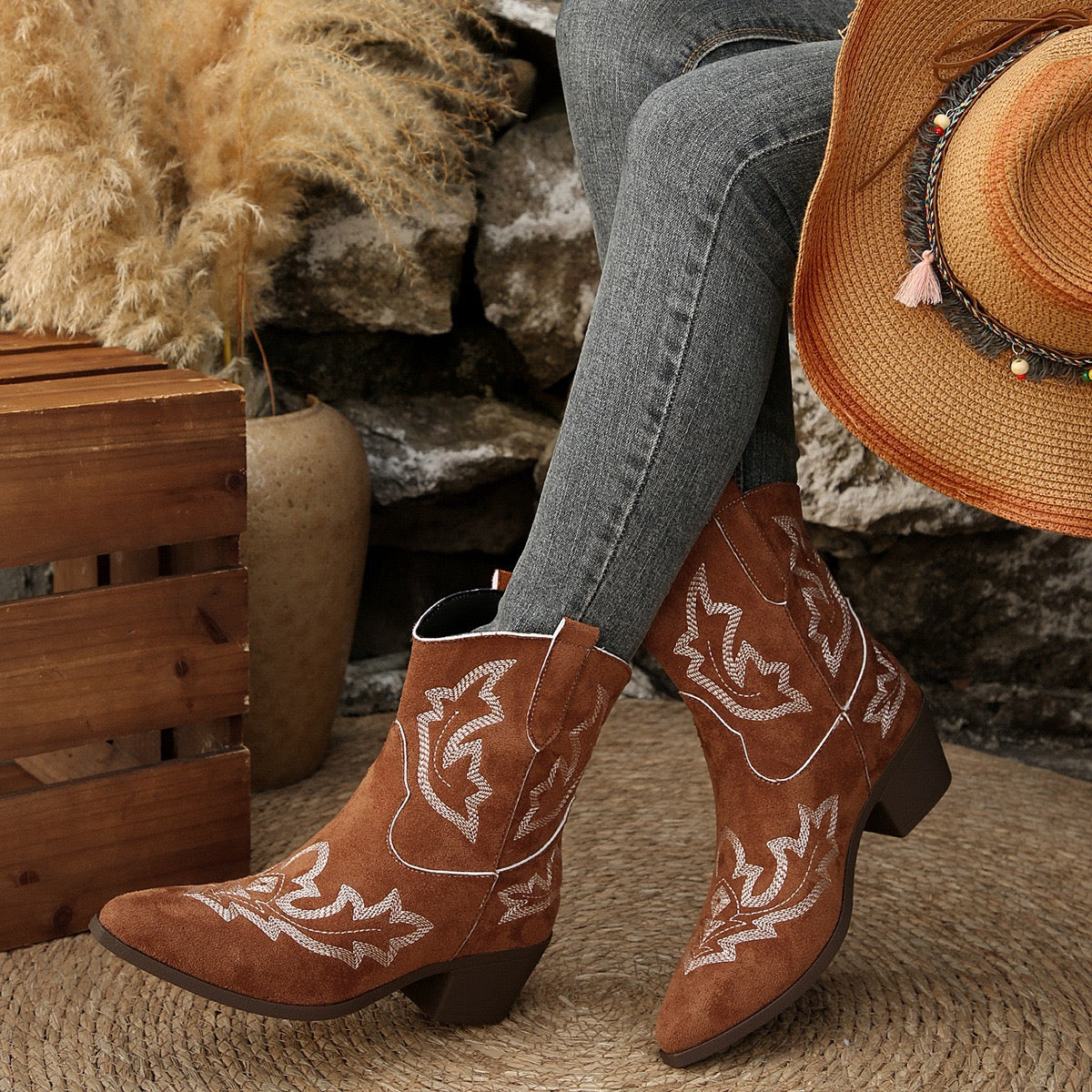 Dakota brown Western ankle boots, side lifestyle view