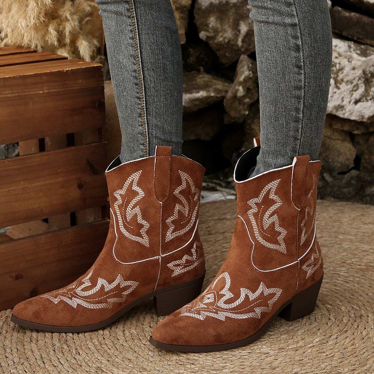 Dakota brown Western ankle boots, standing view