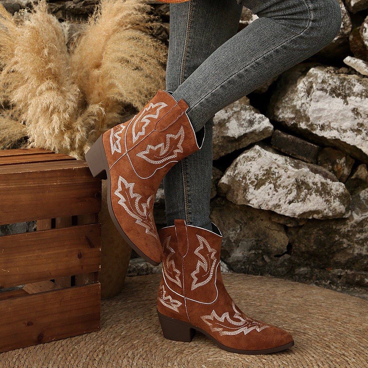 Dakota brown Western ankle boots, angled lifestyle view