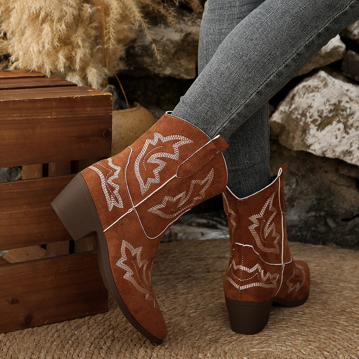 Dakota brown Western ankle boots, walking view