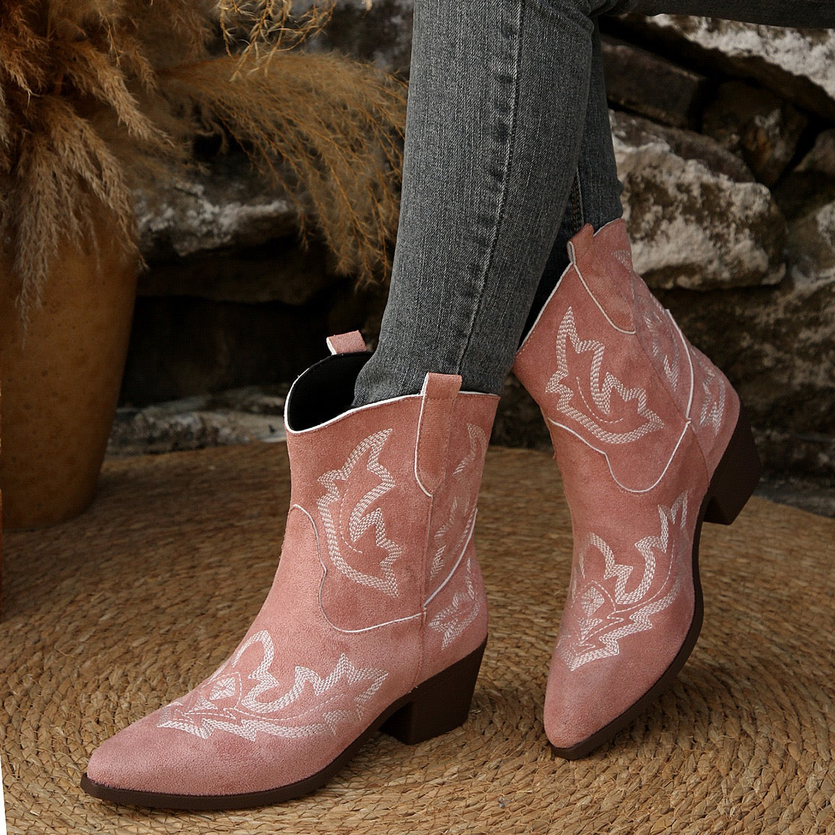 Dakota pink Western ankle boots, standing view