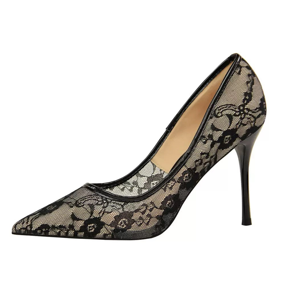 Elara black lace stiletto pump, alternate side view
