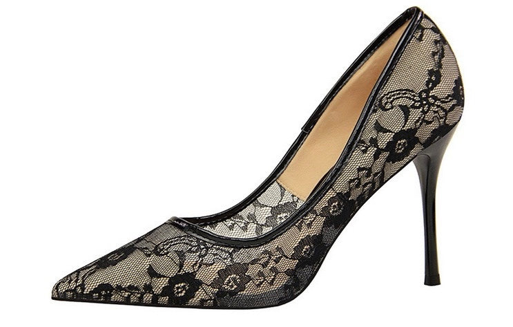 Elara black lace stiletto pump, side view