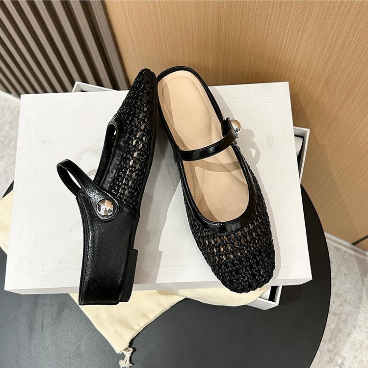 Black Elowen woven flats top and side view