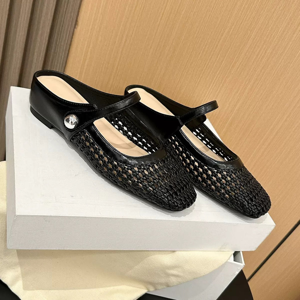 Elowen Woven Square-Toe Flats in Black