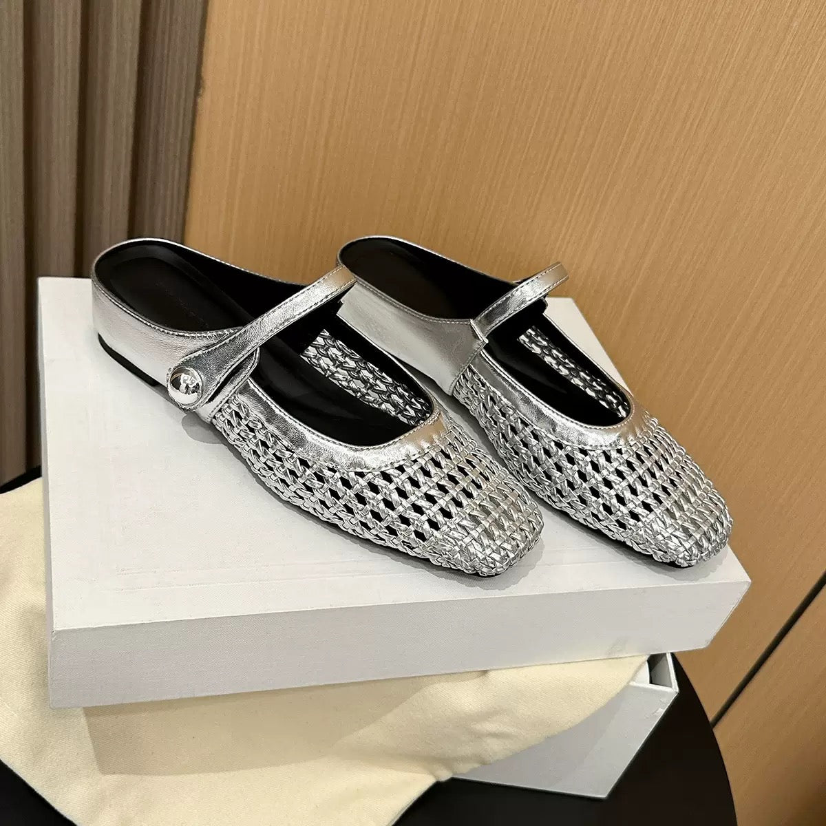 Elowen Woven Square-Toe Flats in Ivory
