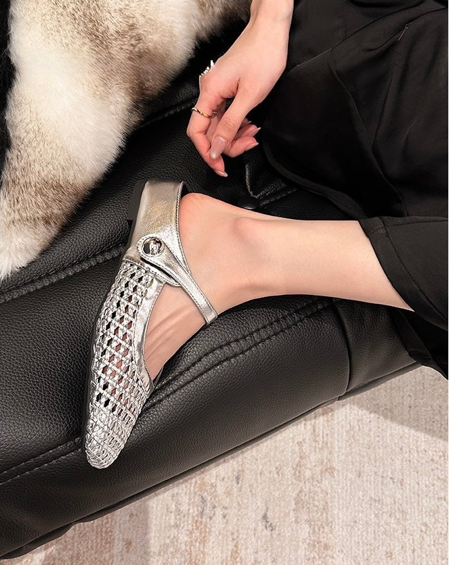 Silver Elowen woven flats styled on foot