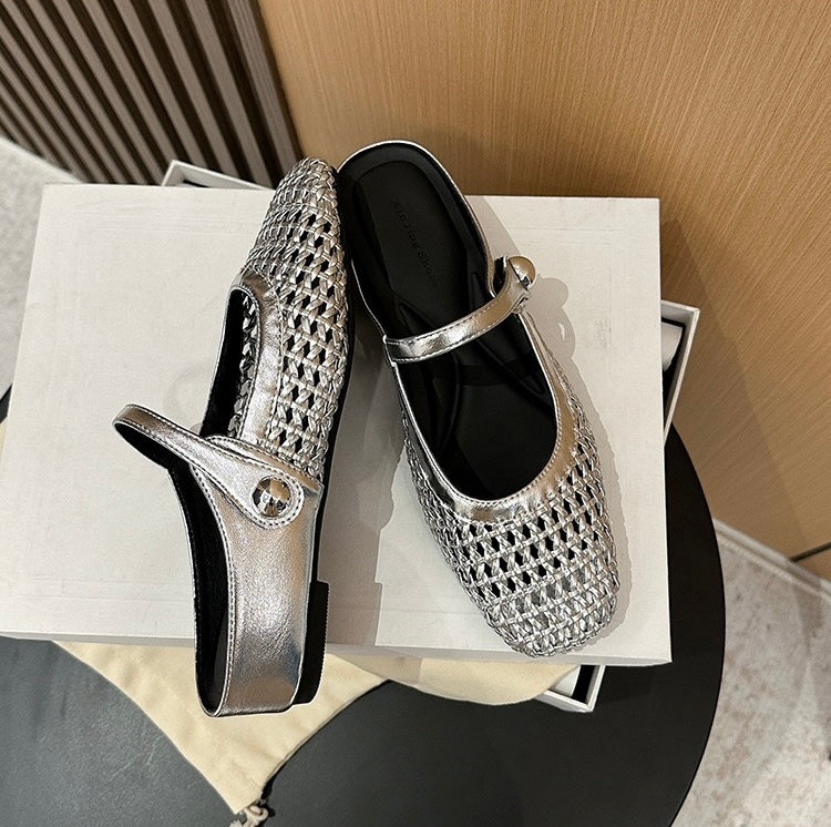 Elowen Woven Square-Toe Flats in Silver